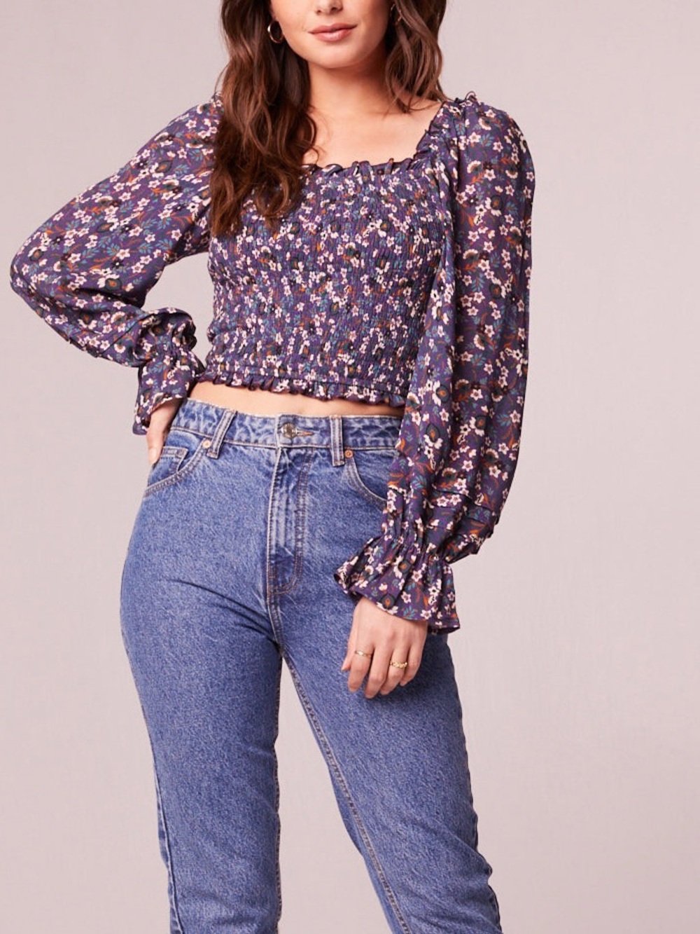 Band of the Free NWT Agathe Purple Floral Long Sleeve Smocked Top Size Large
